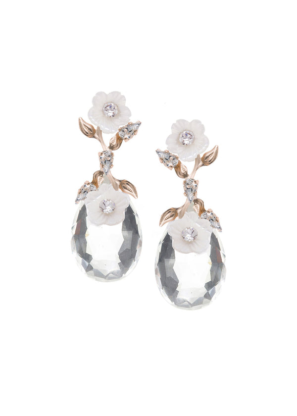 A pair of elegant glass tear drop earrings with hand carved mother of pearl flowers and crystal accents, in rhodium and matte gold plate finish.