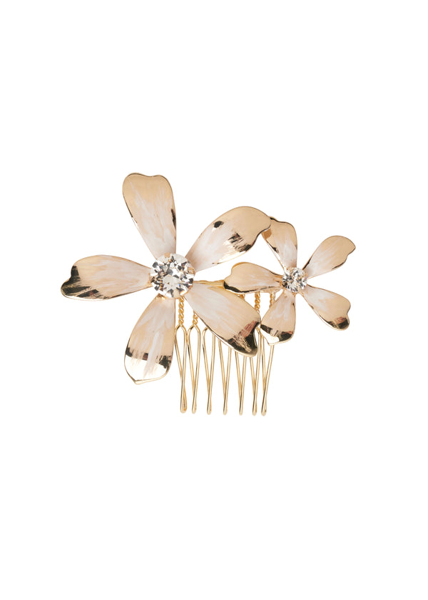 A gold-colored metal hair comb featuring a floral design with crystal accents, resembling a daisy with petals formed from metal sheets.