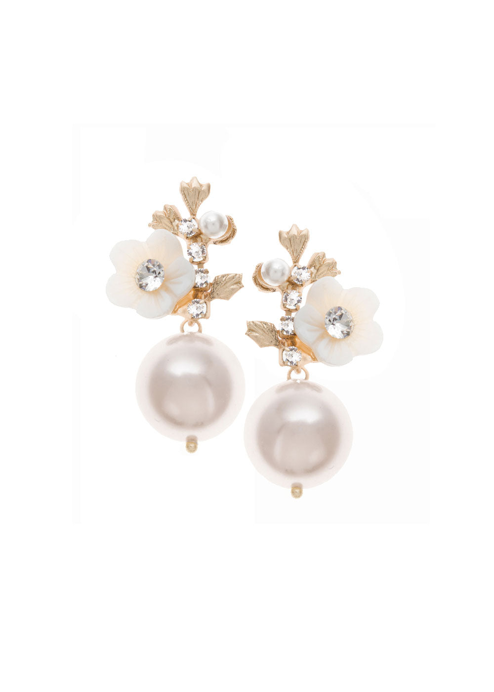 A pair of pearl earrings with mother of pearl floral accents in matte gold plating on a white background.