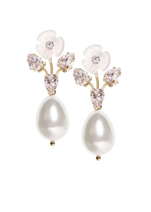 A pair of earrings made with mother of pearl flowers, crystals and pearl drop accetns. 