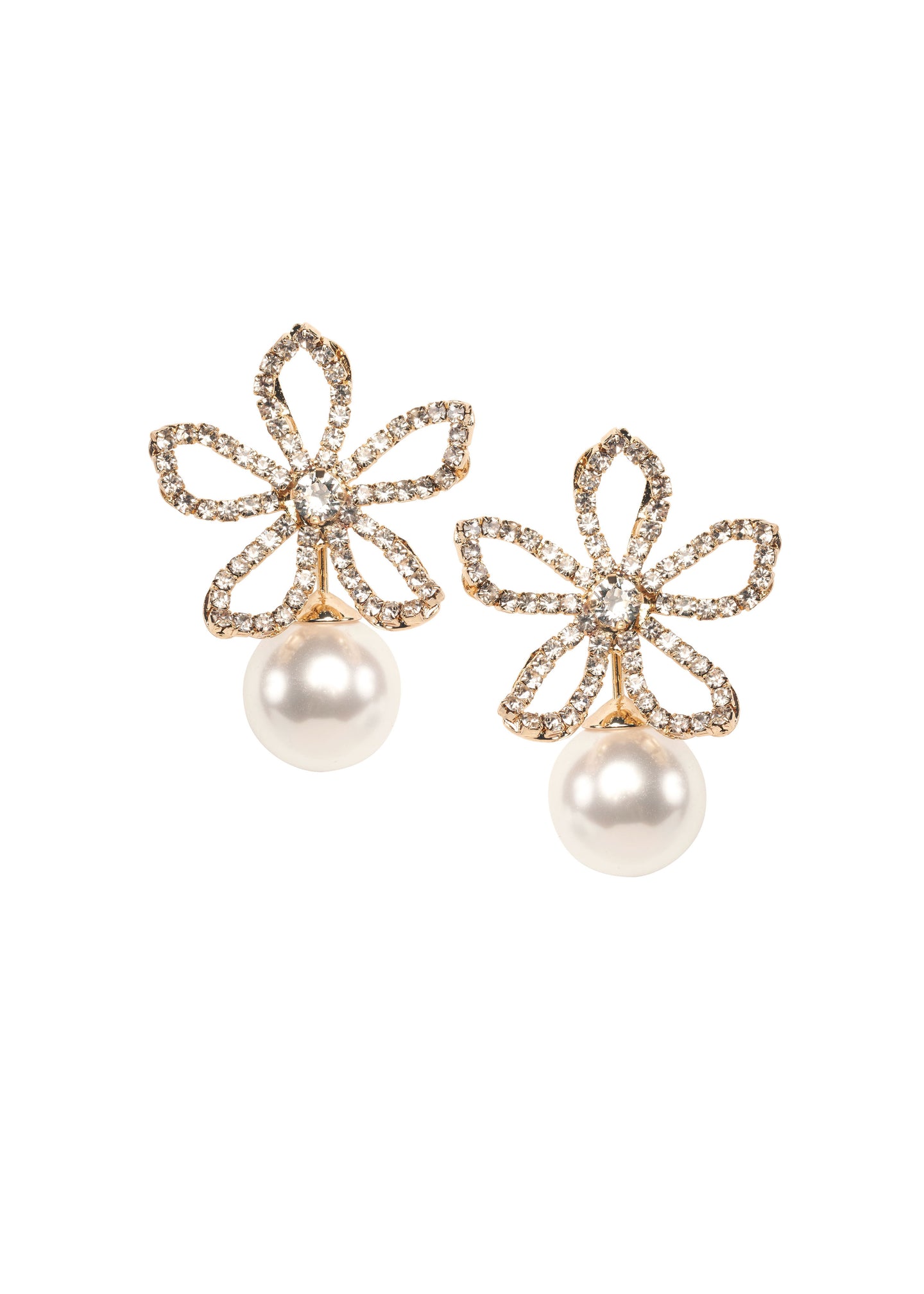 Floral Swarovski crystal and pearl stud earring in gold  on white background 