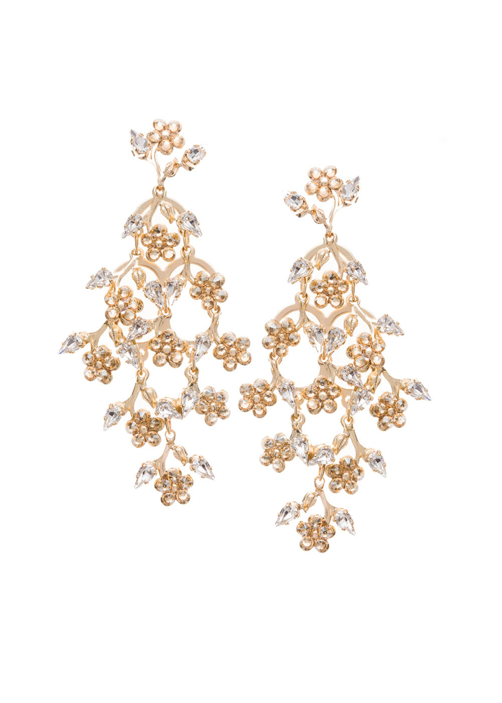 Golden elizabeth bower cascading chandelier earring on white background 