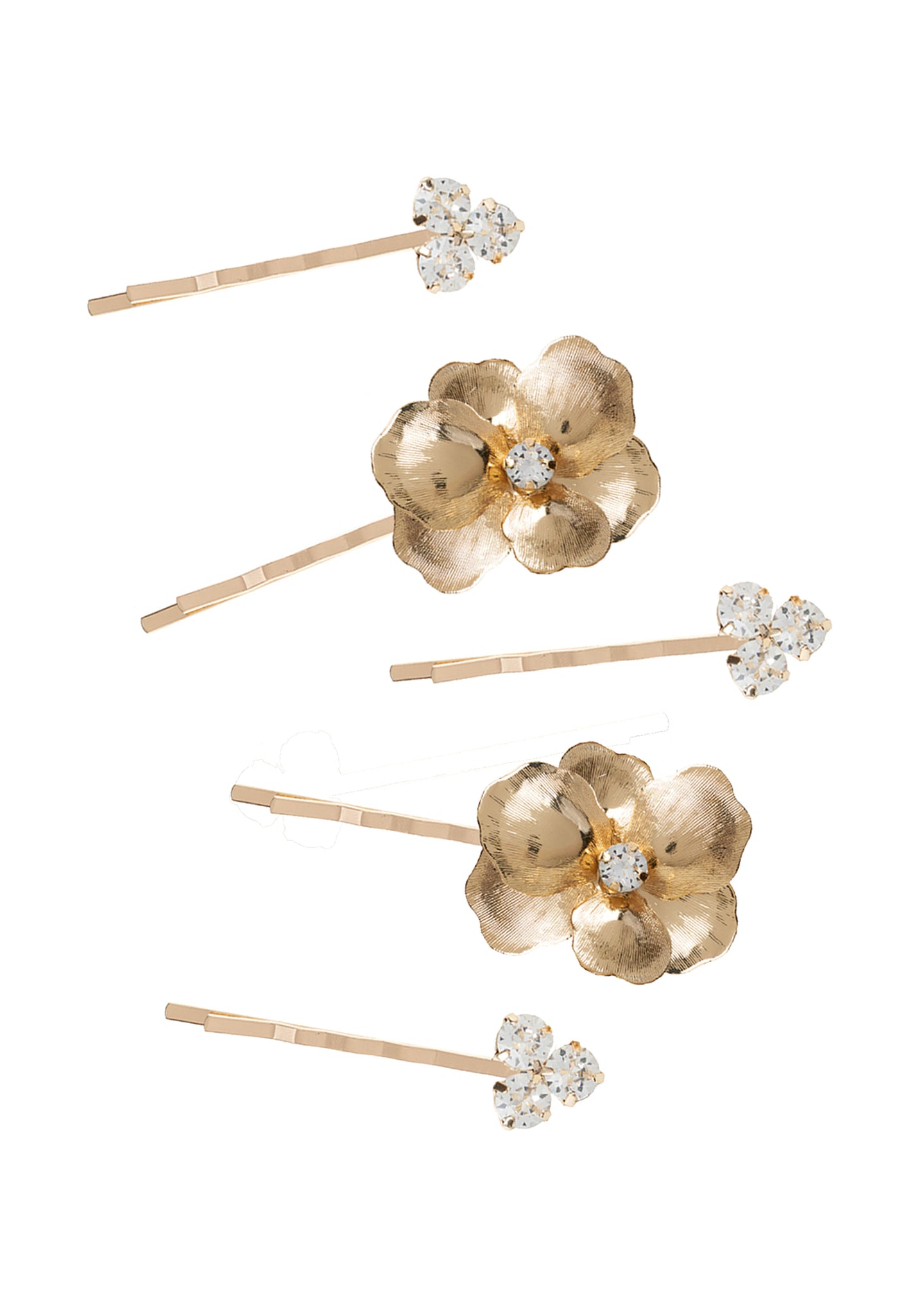 A gold floral and crystal hair pin set (on a white background)