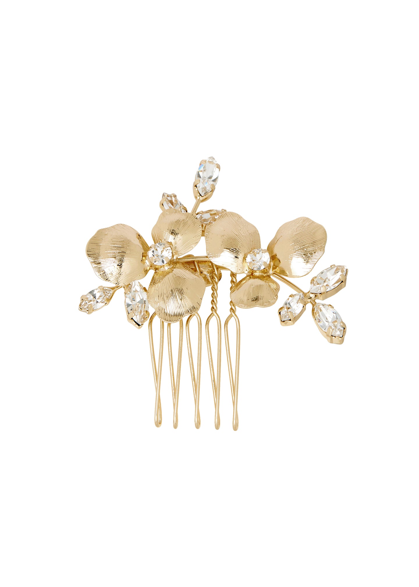 A gold-colored floral hair comb with crystal accents, displayed against a plain background.