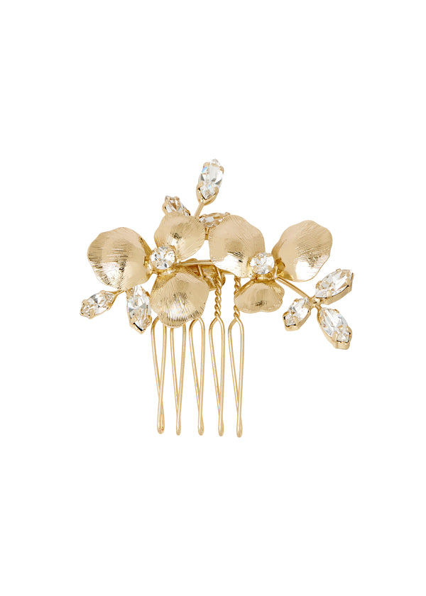 A gold-colored floral hair comb with crystal accents, displayed against a plain background.