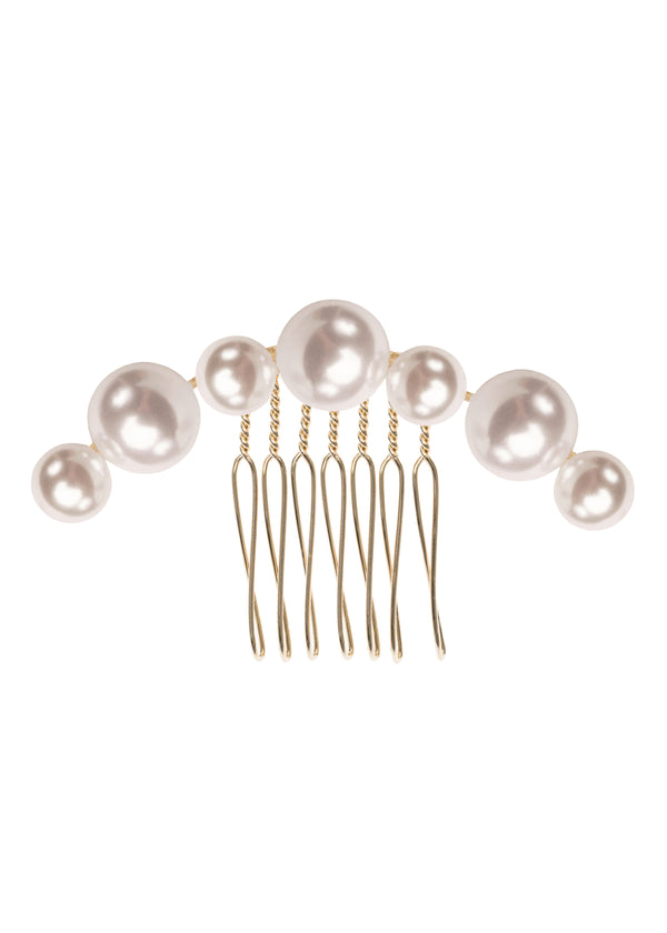 A pearl hair comb with a series of oversized pearls attached to a gold wire comb base.