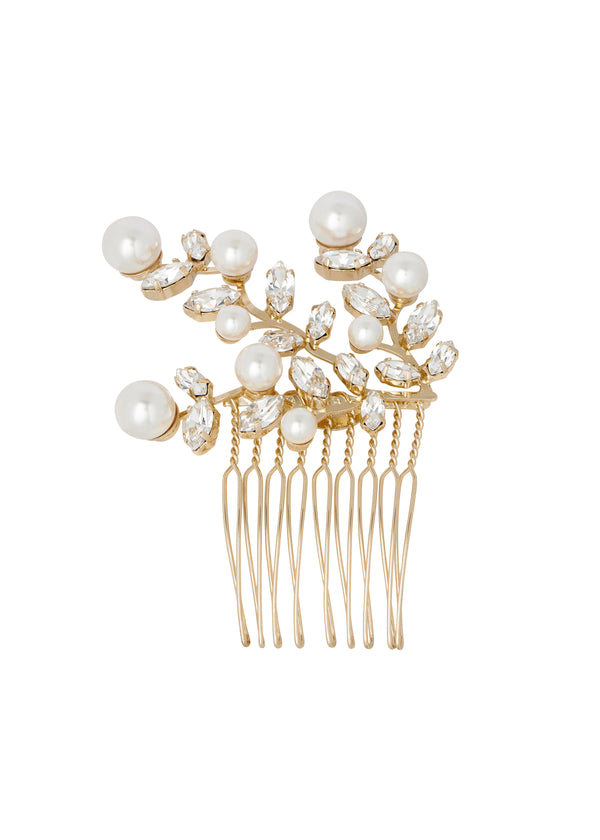 Crystal and pearl gold vintage style bridal  hair comb on white background
