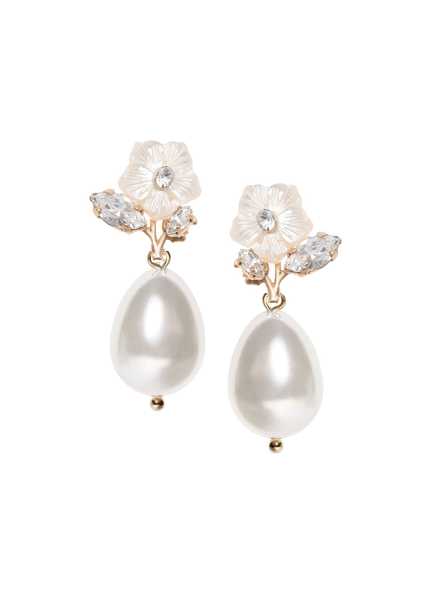 A pair fof mother of pearl accents pearl drop earrings in a matte gold finish on a white background. 