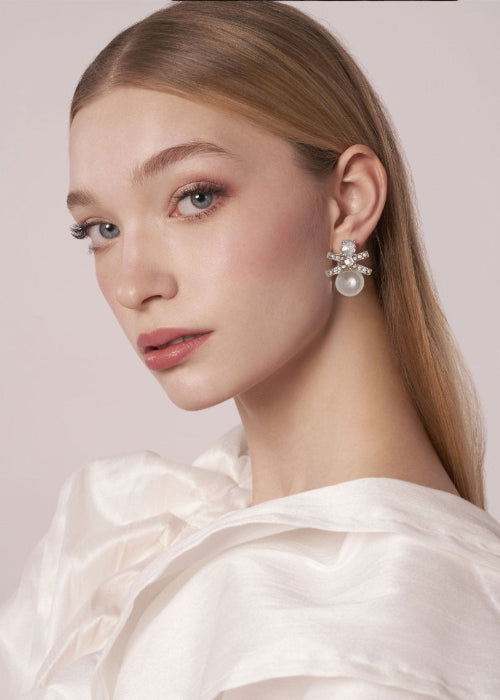 Pearl Crystal Bow Studs - Bridal Elegant Design – Elizabeth Bower