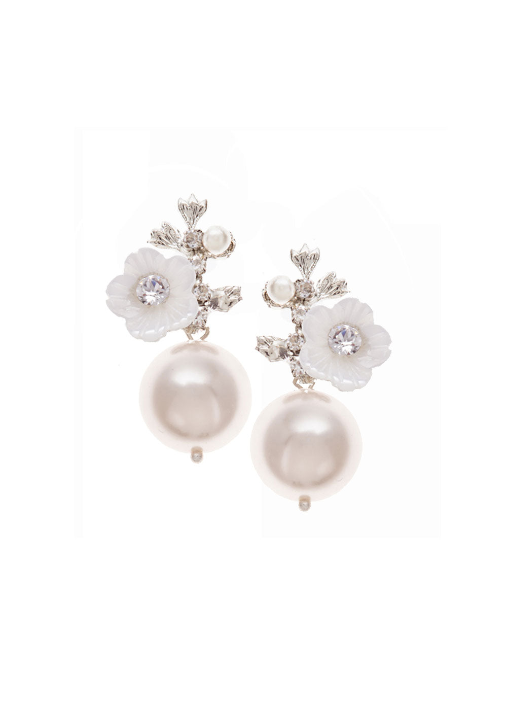 A pair of pearl earrings with mother of pearl floral accents in silver plating on a white background.