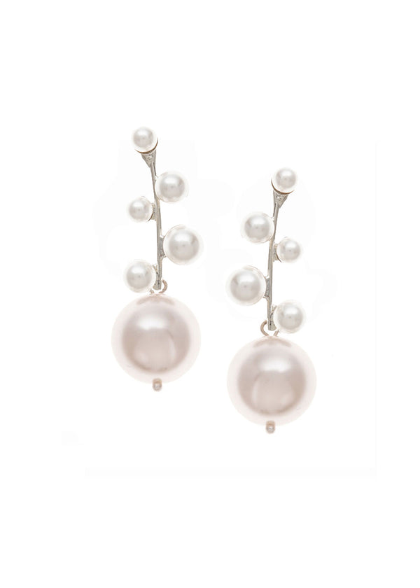 A pair of pearl drop earrings with a silver scattered pearl top on a white background