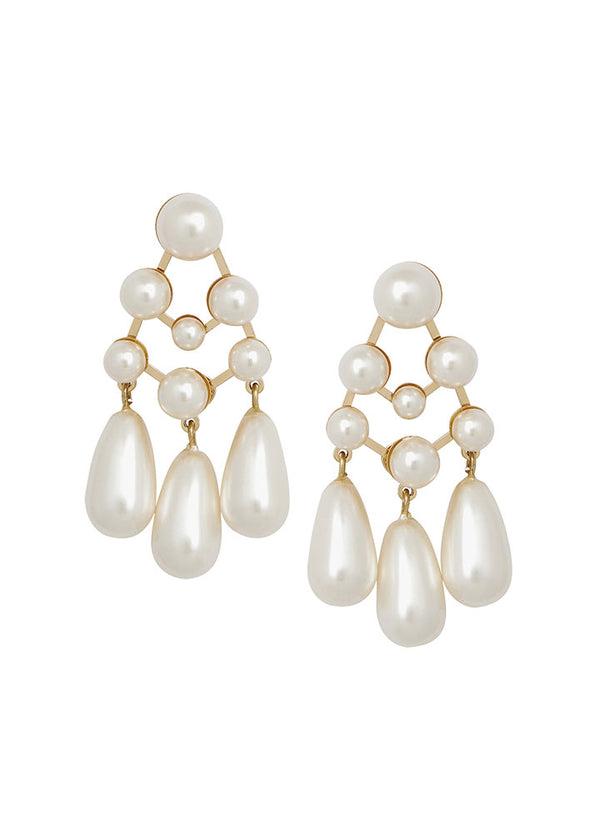 Pearl statement earrings with 3 tear drop pearl drops on white background 