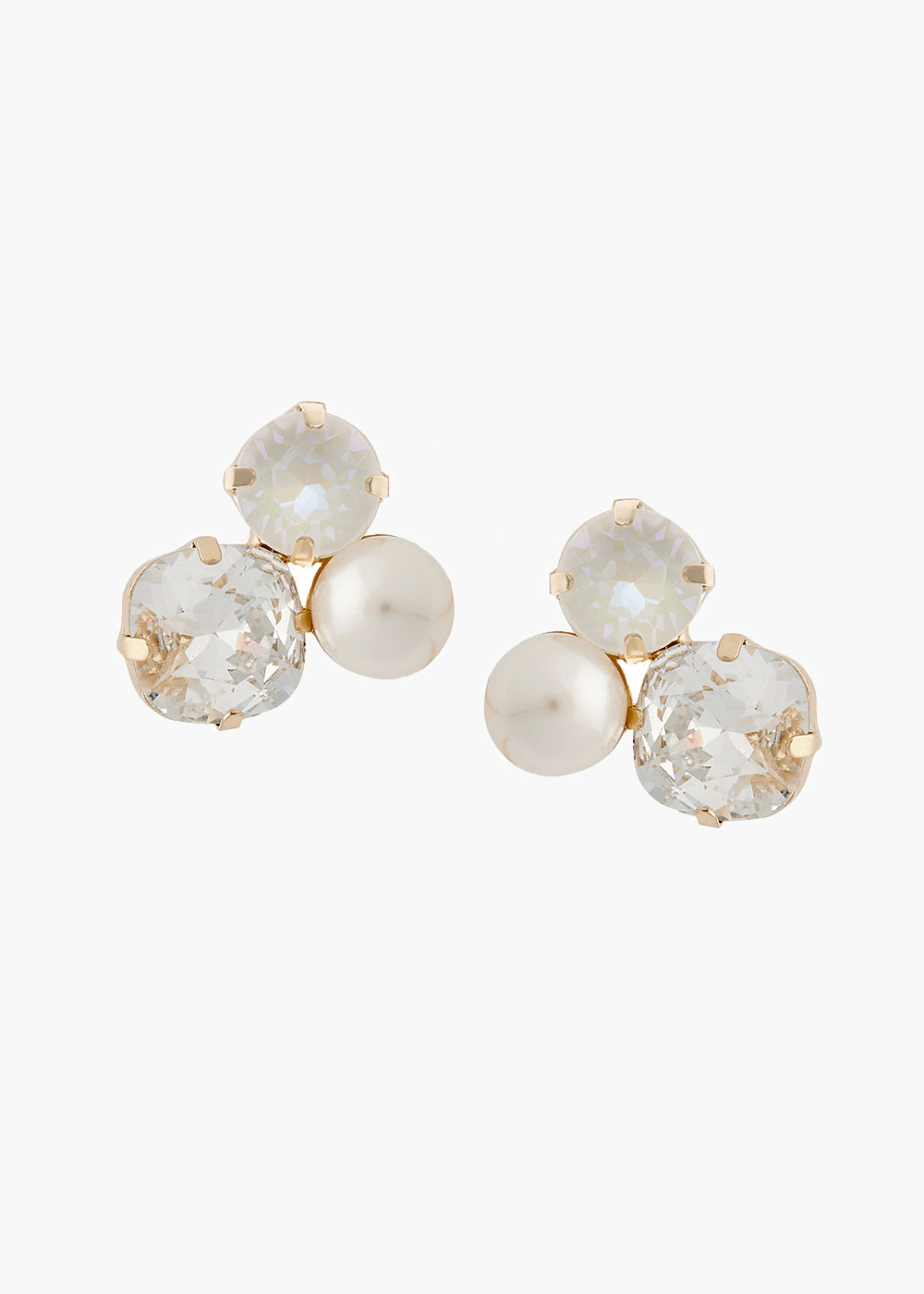 Crystal and pearl gold clustered stud earring on white background 