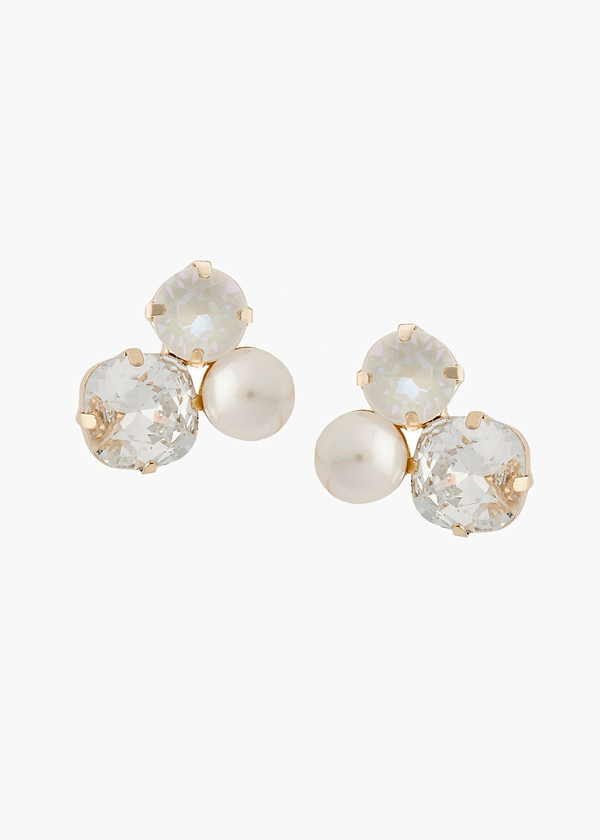 Crystal and pearl gold clustered stud earring on white background 