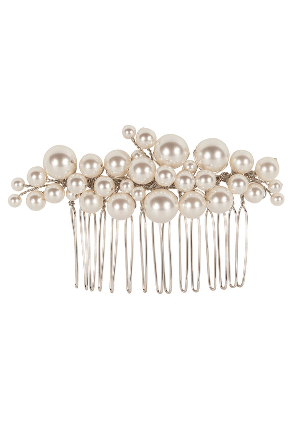 A silver-colored hair comb adorned with a series of round Swarovski pearls, set in a pattern that resembles a bubble or snowflake design, with a wire comb backing.