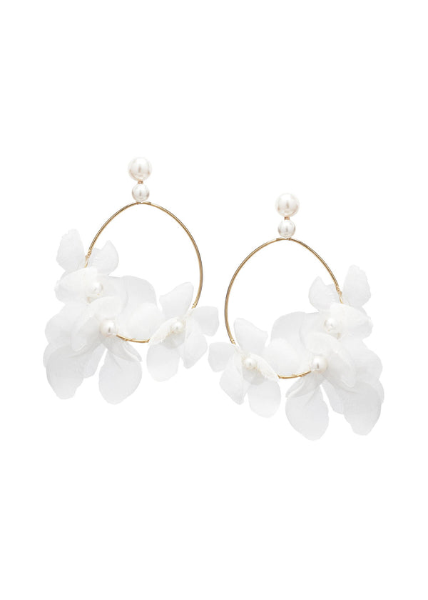 Silk floral hoop gold earring with pearl accents on white back ground 