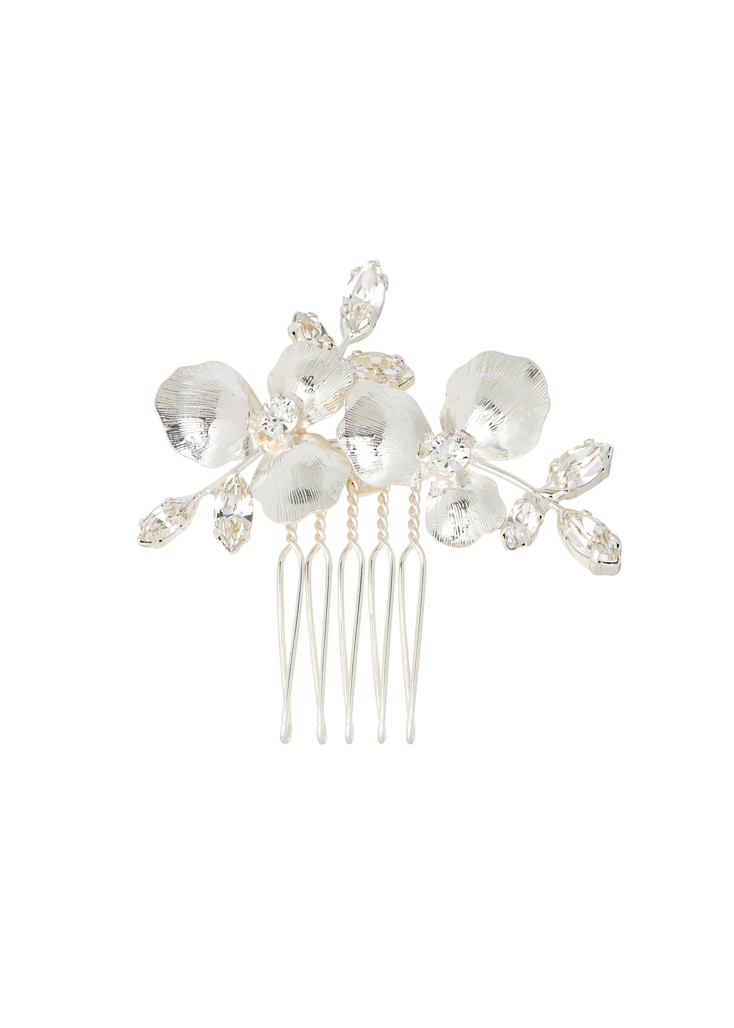 A silver floral haircomb on a white background 