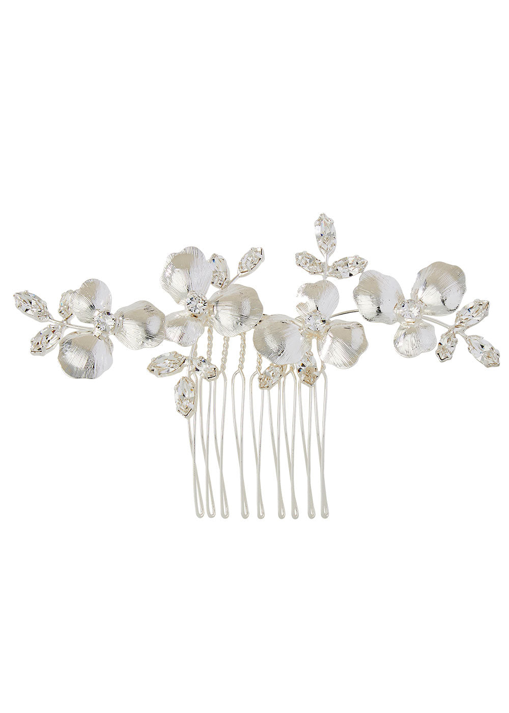 a floral silver hair comb on a white background