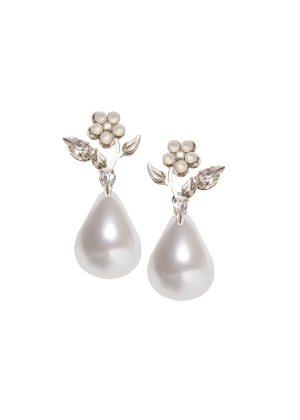 A pair of floral pearl drop earrings with crystal tops, on a white background. 
