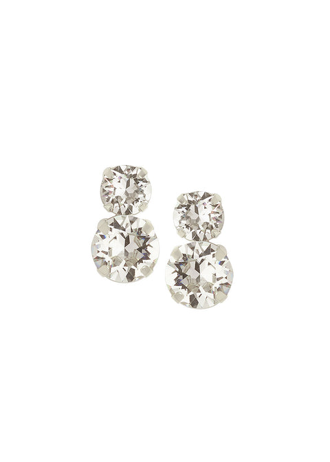 A pair of crystal mini dublet stud earrings with a duet of faceted crystals on a white background.