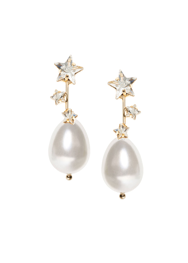 a pair of Gold crystal starry topped pearl drop earrings on a white background 