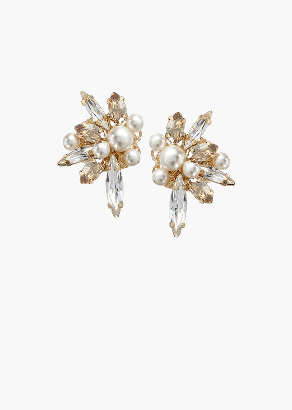 Pair of gold and pearl earrings on a white background