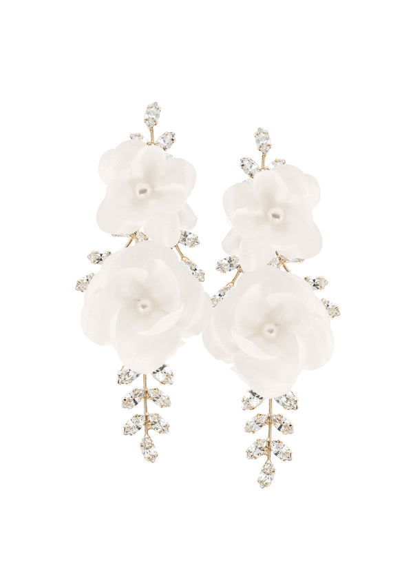 floral chandelier earrings with silk flowers on white background 