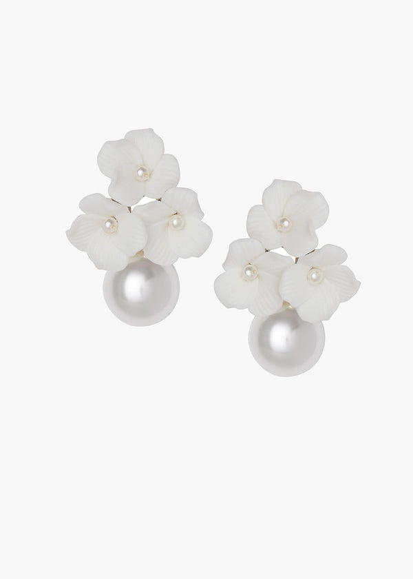 Pair of earrings with white floral designs and pearl-like centers on a white background