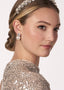 Swarovski crystal and pearl stud silver earring on model in sequin dress side view 