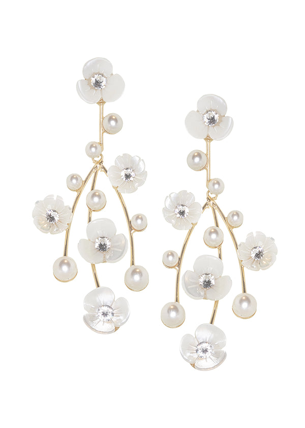 Mother of pearl gold floral chandelier earring on white background 