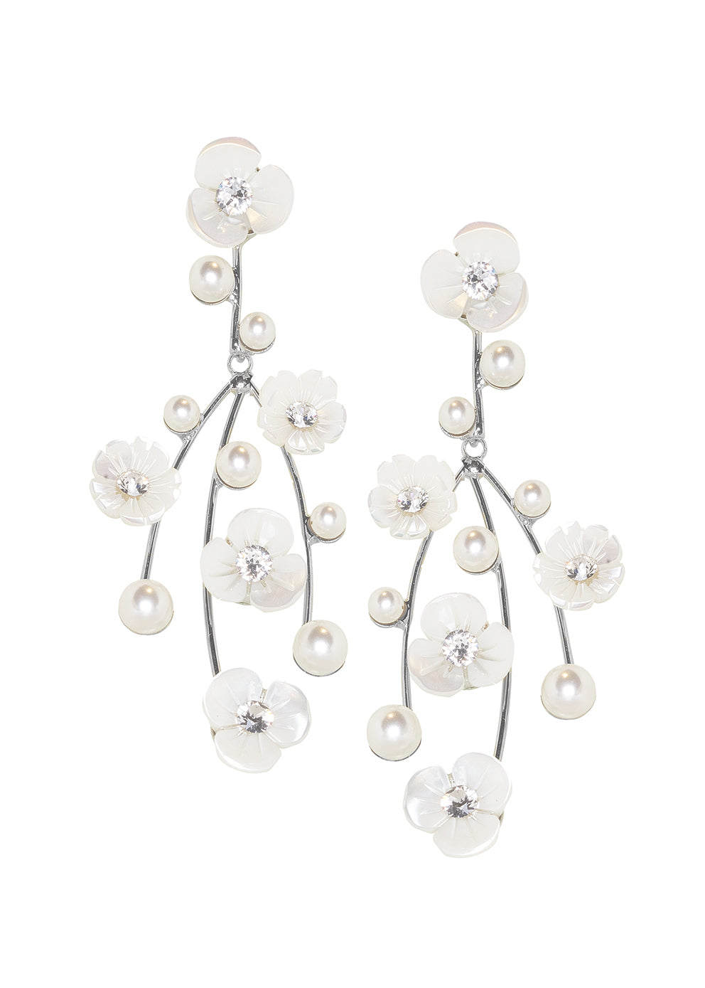 Mother of pearl silver floral chandelier earring on white background 