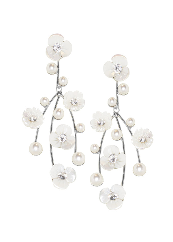 Mother of pearl silver floral chandelier earring on white background 
