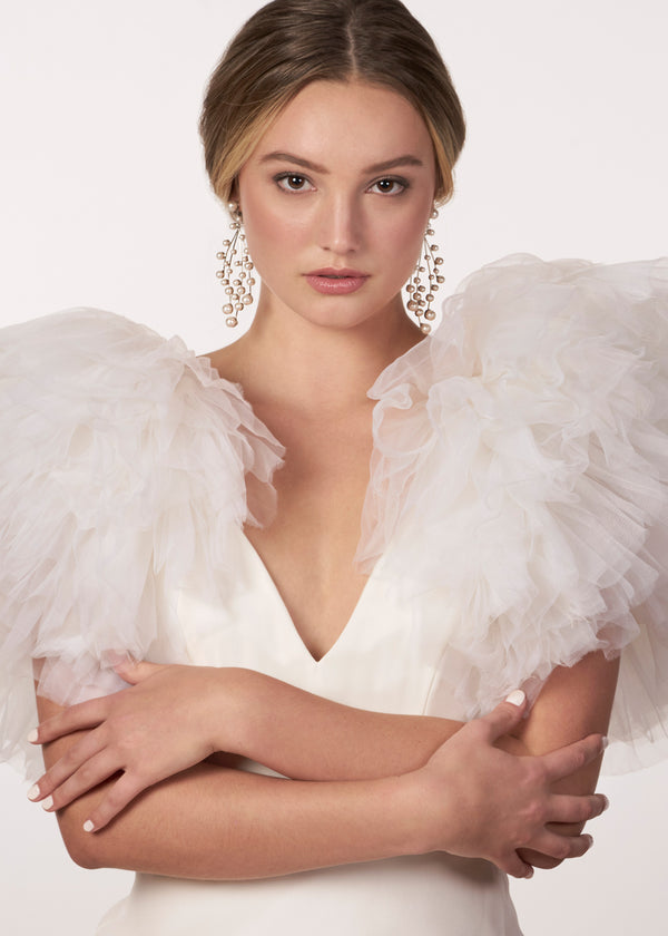 Pearl statement earring on model in Tulle wedding dress front view 