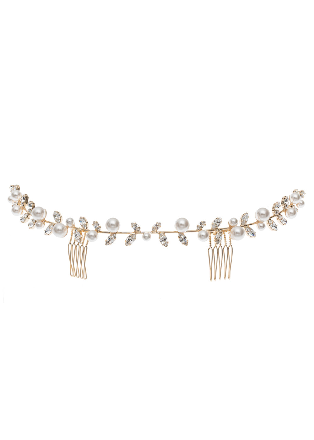 Golden pearl and crystal garland wedding hairpiece on white background 
