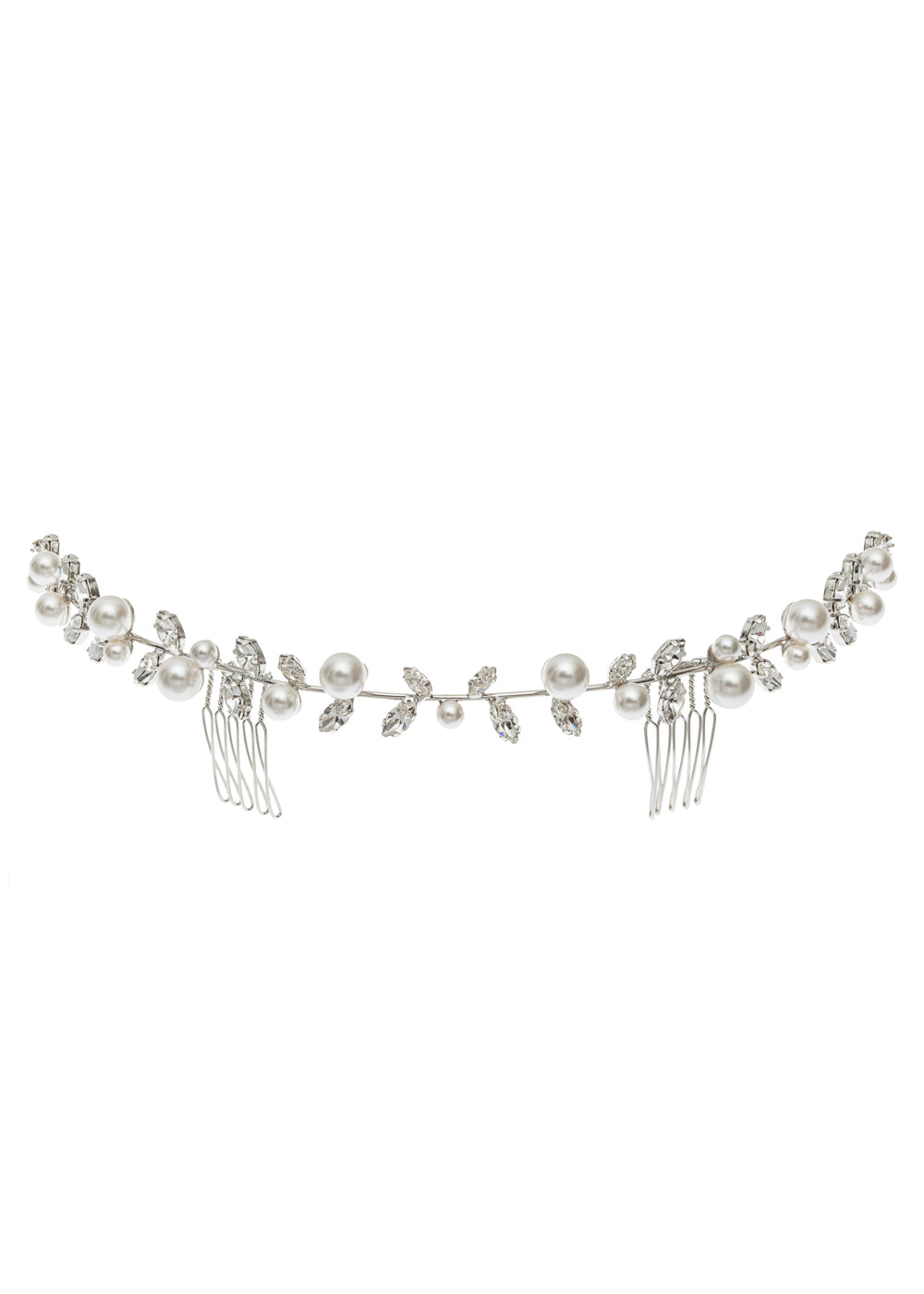 Silver pearl and crystal garland wedding hairpiece on white background 