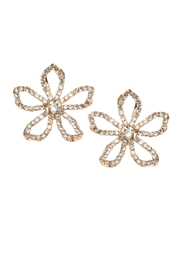 gold floral crystal stud earring on white background 