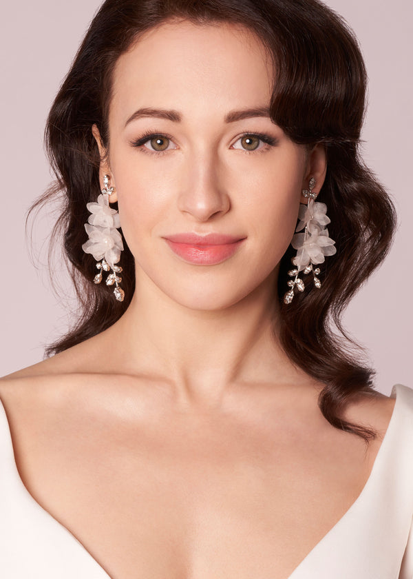 Silk floral and crystal chandelier earring on model (front view)