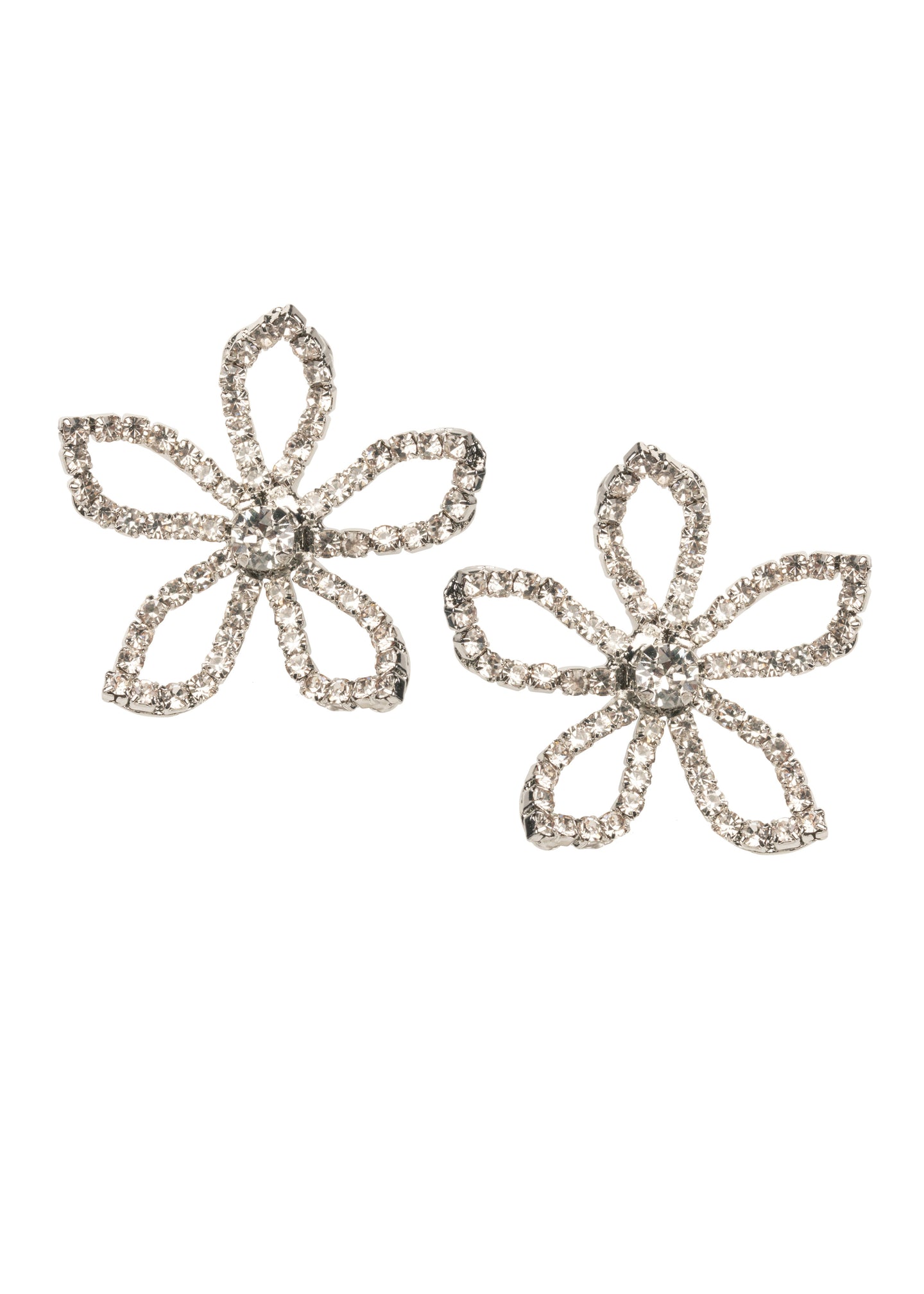 Open floral crystal stud earring on white background 