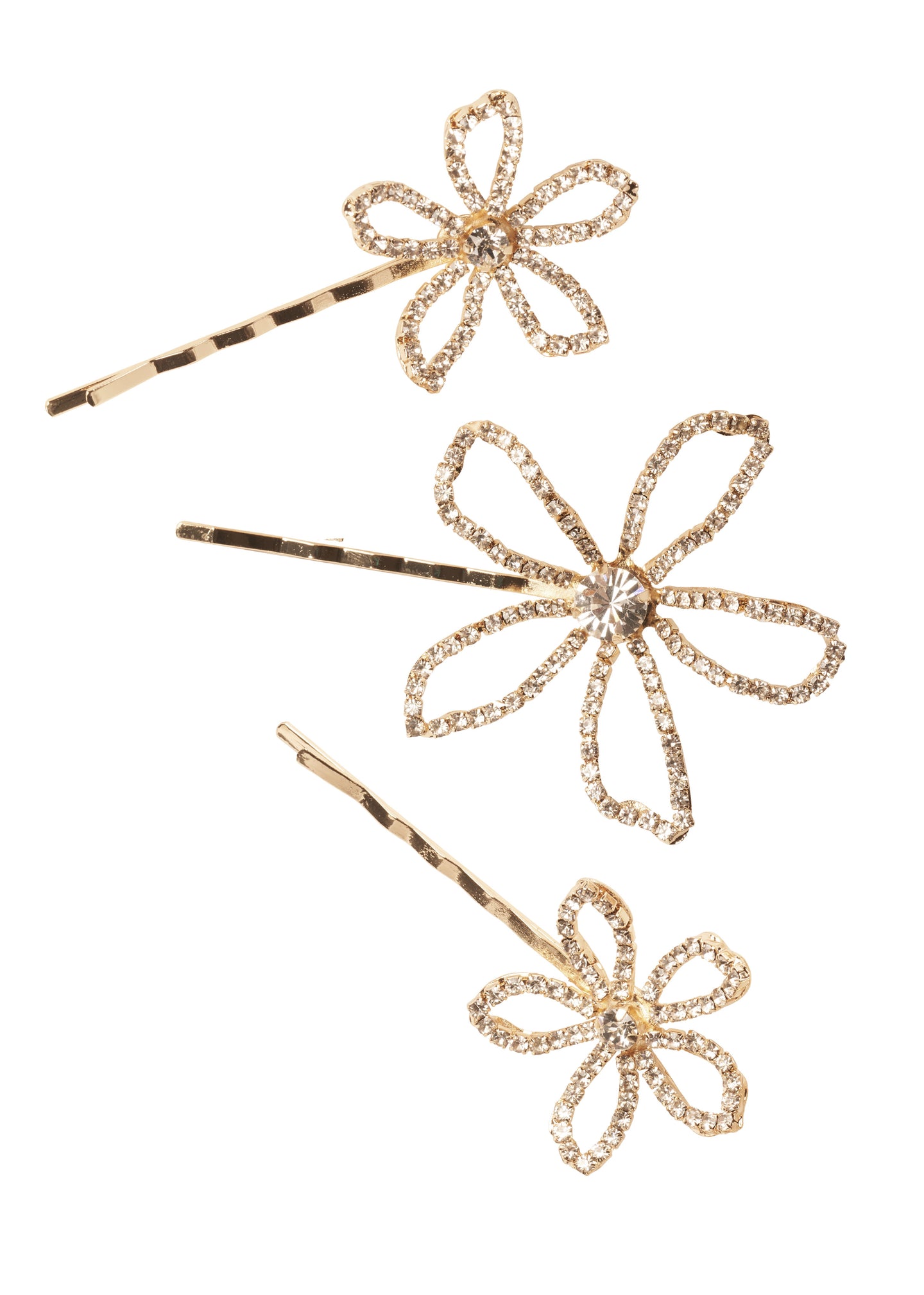 three Golden floral crystal hairpins on white back ground