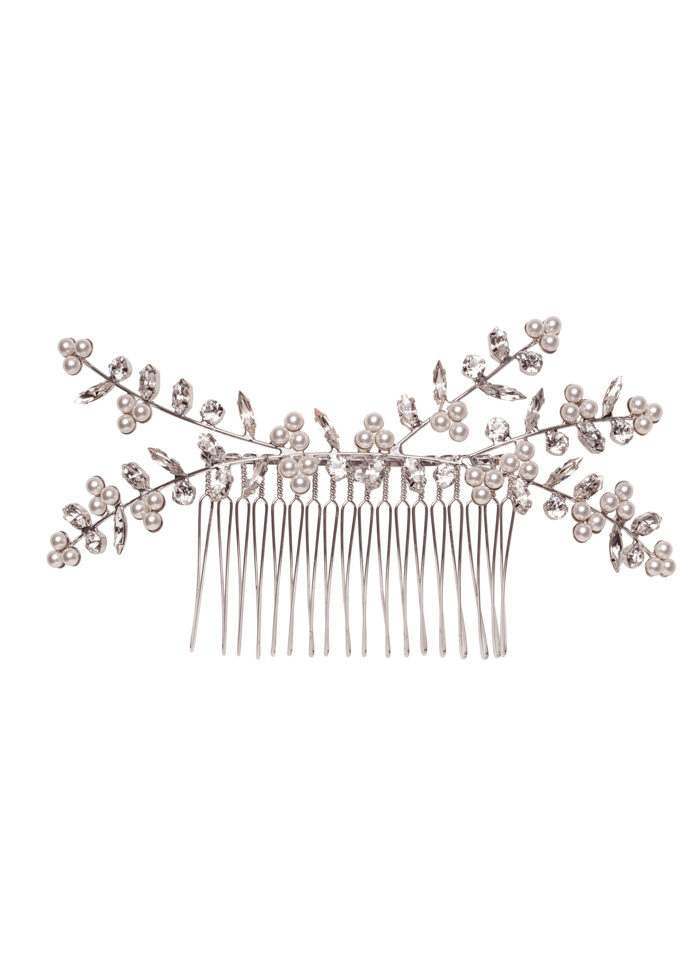 Silver Crystal and pearl branch style bridal hair comb on a white background. 