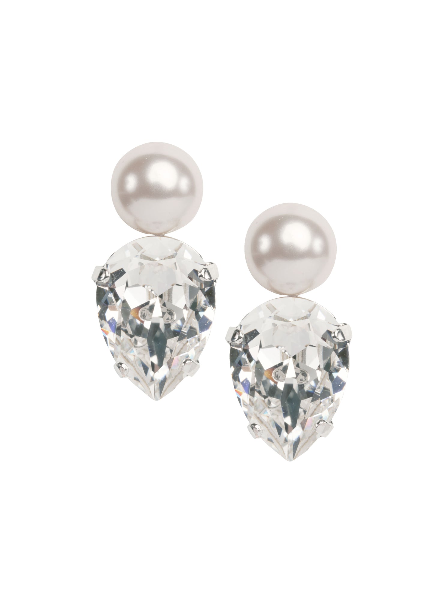 Teardrop Crystal and pearl bridal stud earring on white background