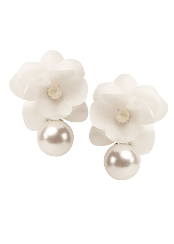 Pearl stud earring topped with ivory silk flower (on white background)