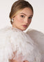 Pearl, crystal and mother of pearl bauble drop earring on model in tulle dress